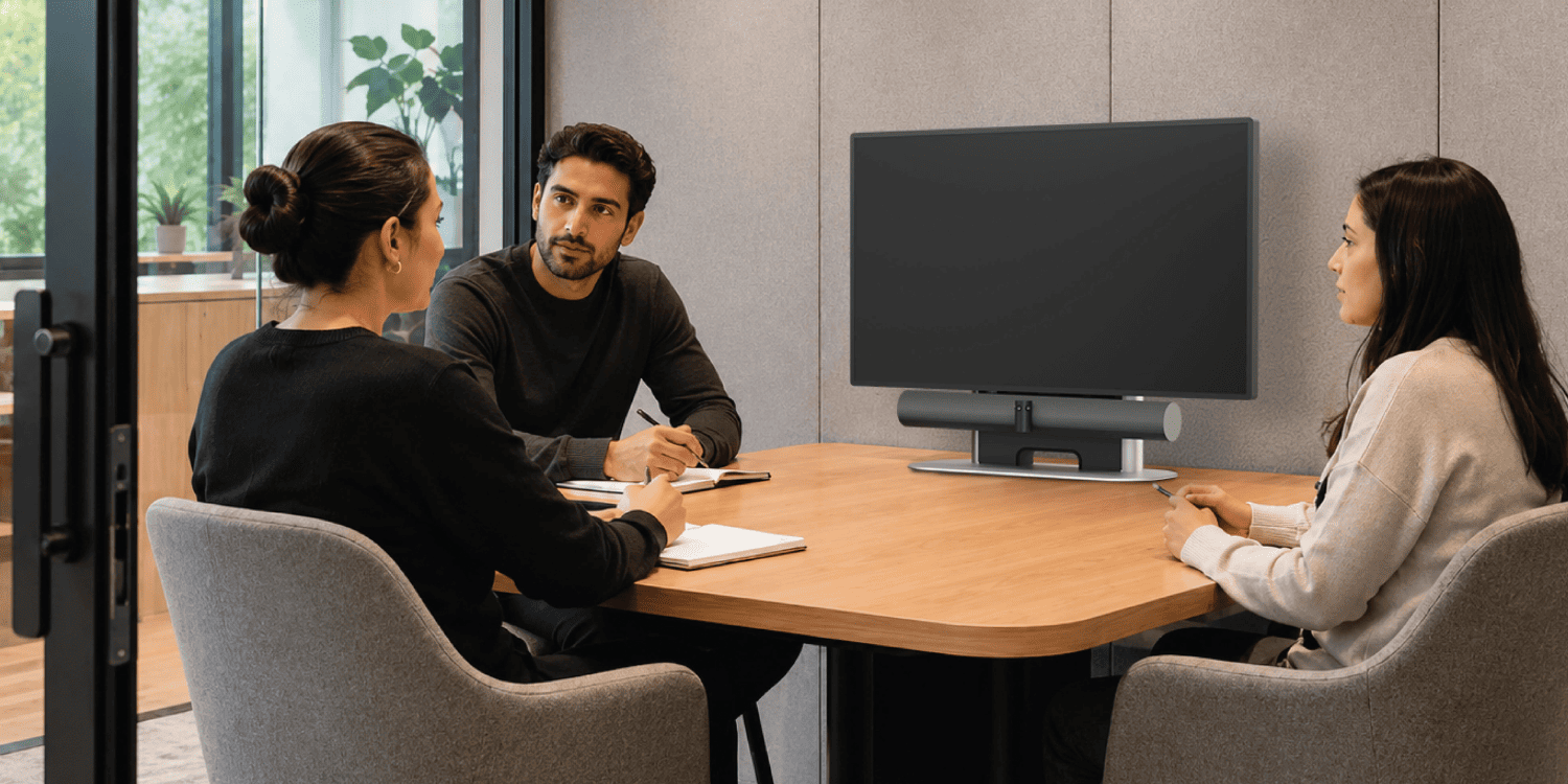 A small huddle space with integrated display and acoustic walls