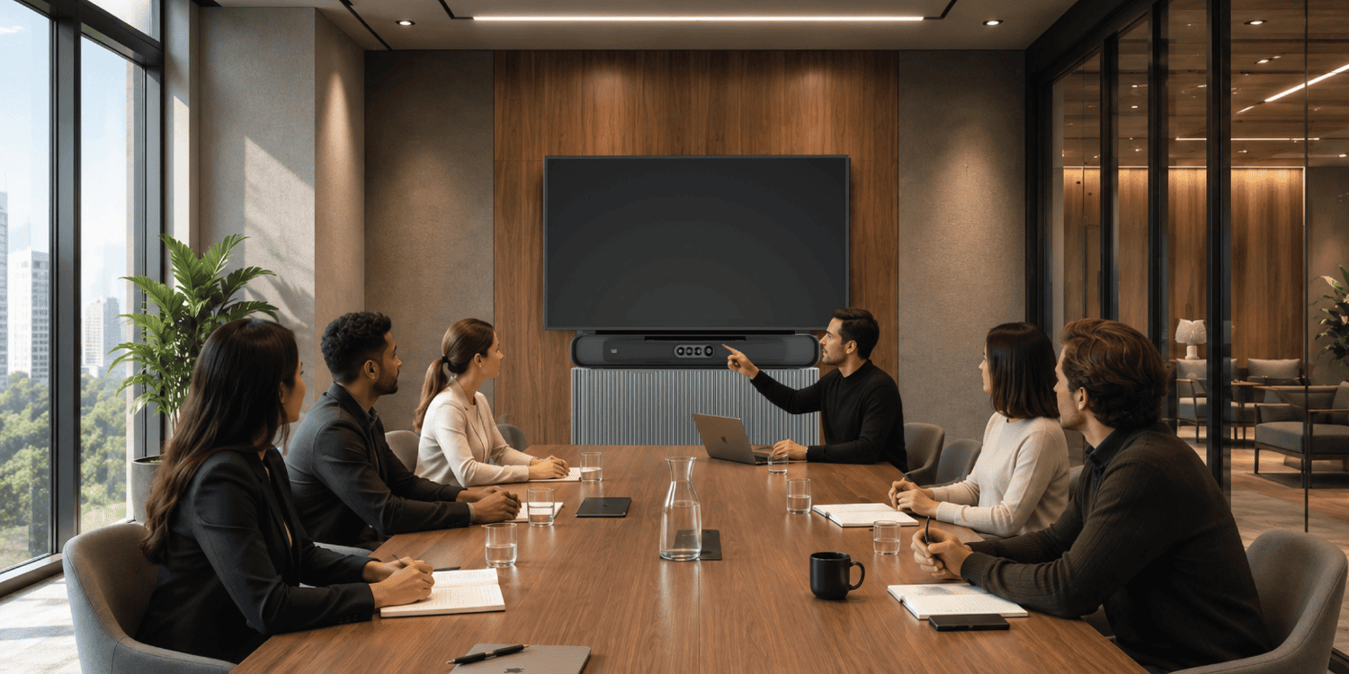 A modern meeting room with a walnut table and wall display
