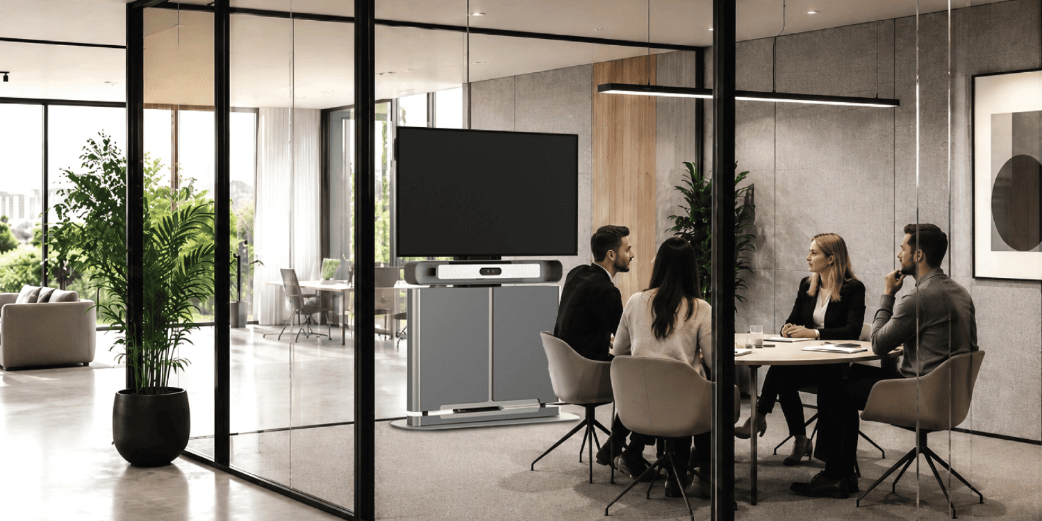 A transparent glass-walled meeting room inside an open office