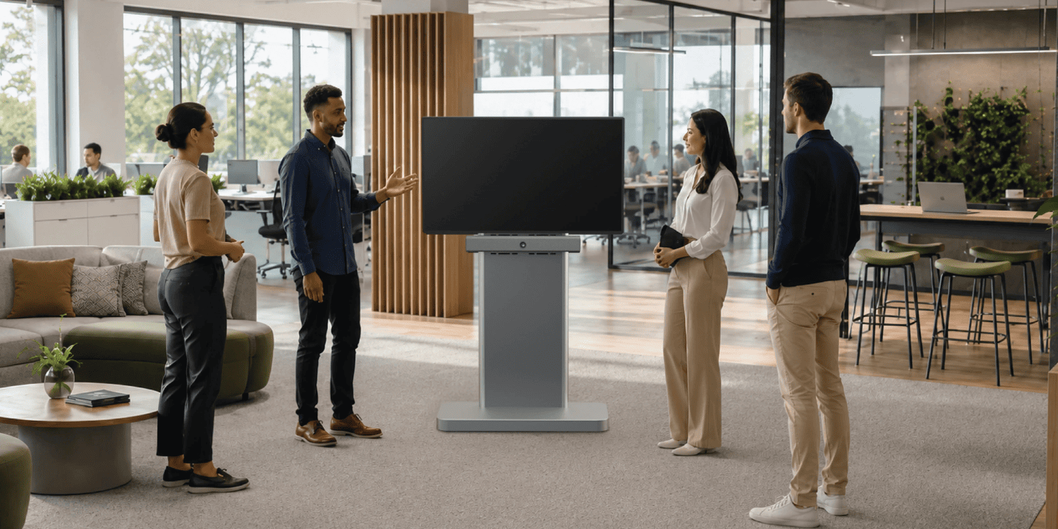 An open collaboration zone with lounge seating and tall tables